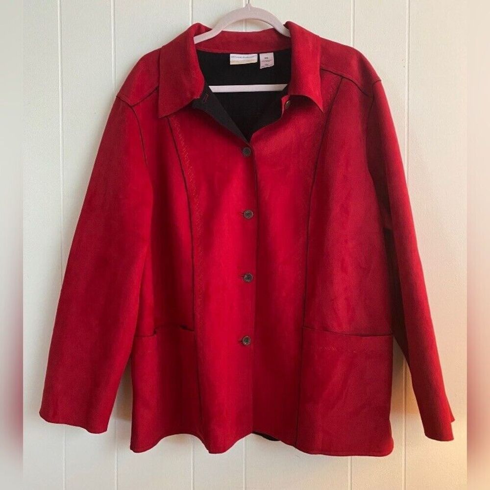 Alfred Dunner Jacket Blazer Women’s 18W Red Embroidered Black Trim Faux Suede